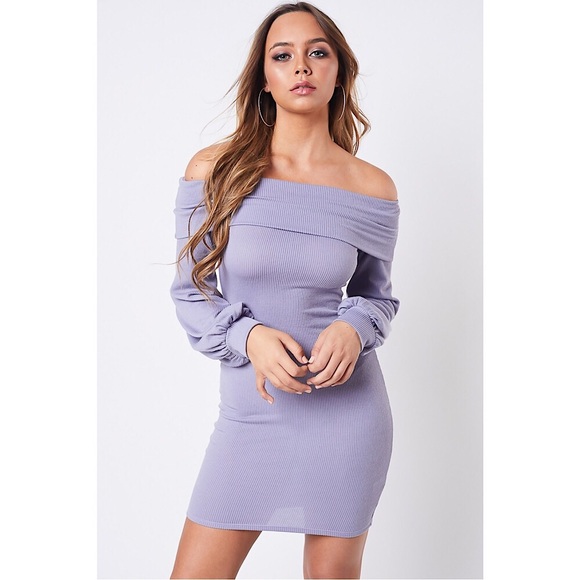 Purple Off The Shoulder Bubble Sleeve Mini Dress - Picture 2 of 5
